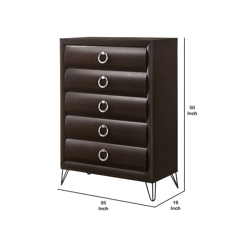 5 Drawer Wooden Chest with Metal Ring Handles and Harpin Legs， Brown