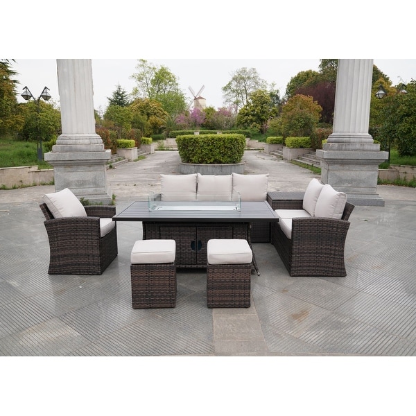 7Piece Outdoor Sofa with Aluminium table top Fire Pit Set