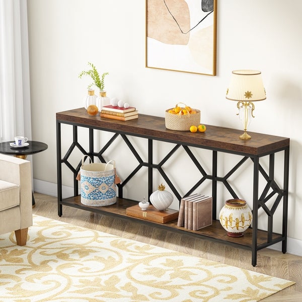 71 Inch Extra Long Console Table， Industrial Narrow Sofa Table Entry Table Behind Couch Table with Open Storage Shelf