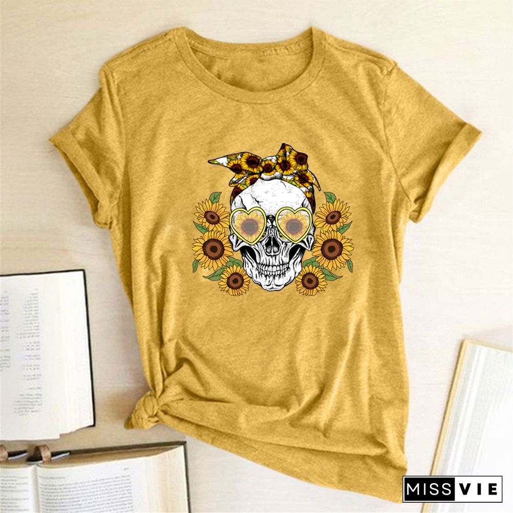 Skull Sunflowers Print T-shirts Women Summer Graphic Tees Gothic ShirtsFor Women Loose Aesthetic Clothes Ropa Mujer