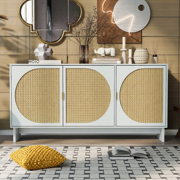 U_Style Storage Cabinet with Rattan Door  Mid Cent...