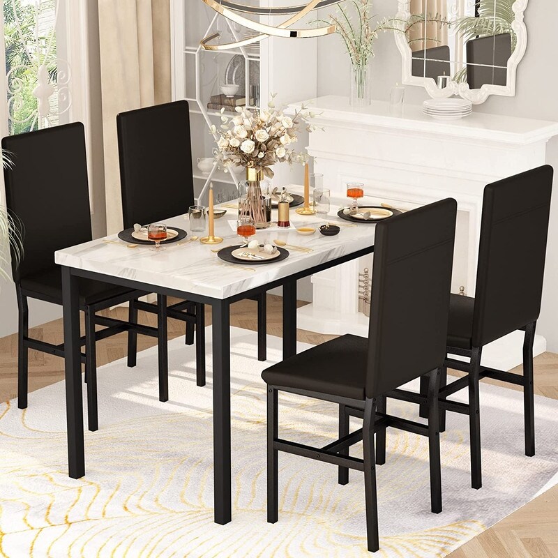 Mieres 5 Pieces Faux Marble Dining Table Set with 4 Upholstered PU Leather Chairs