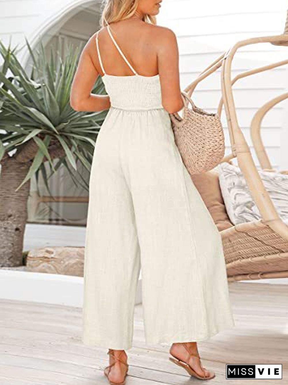 One Shoulder Wide Leg Solid Color Jumpsuit