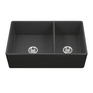 HOUZER Black Fireclay 33 in. Double Bowl 6040 Farmhouse Apron Front Kitchen Sink PTD-6040 BL