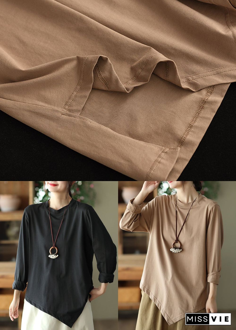 Khaki Oversized Cotton Shirt Top Asymmetrical Design Spring