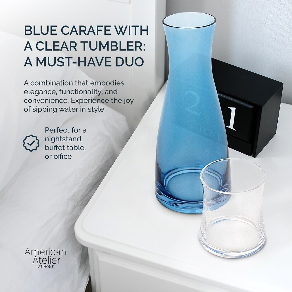 American Atelier Bedside Blue Water Carafe with Clear Tumbler   33 Ounce Pitcher