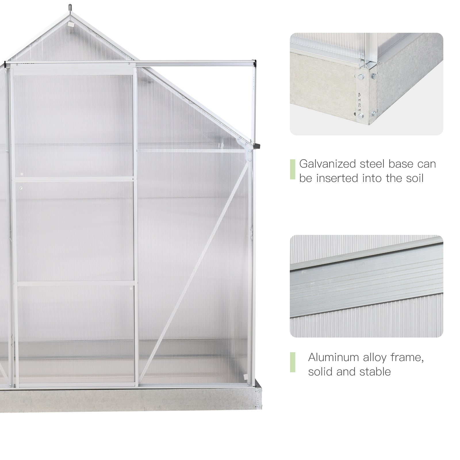 Outsunny 6' x 4' Polycarbonate Greenhouse with Aluminum Frame, Walk-in Garden Greenhouse Kit with Adjustable Roof Vent, Rain Gutter and Sliding Door for Backyard, Silver