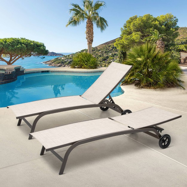 2pc Outdoor Adjustable Chaise Lounge Chairs With Wheels Beige Crestlive Products