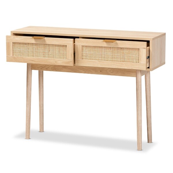 Baird Light Oak Brown Finished Wood and Rattan 2-Drawer Console Table