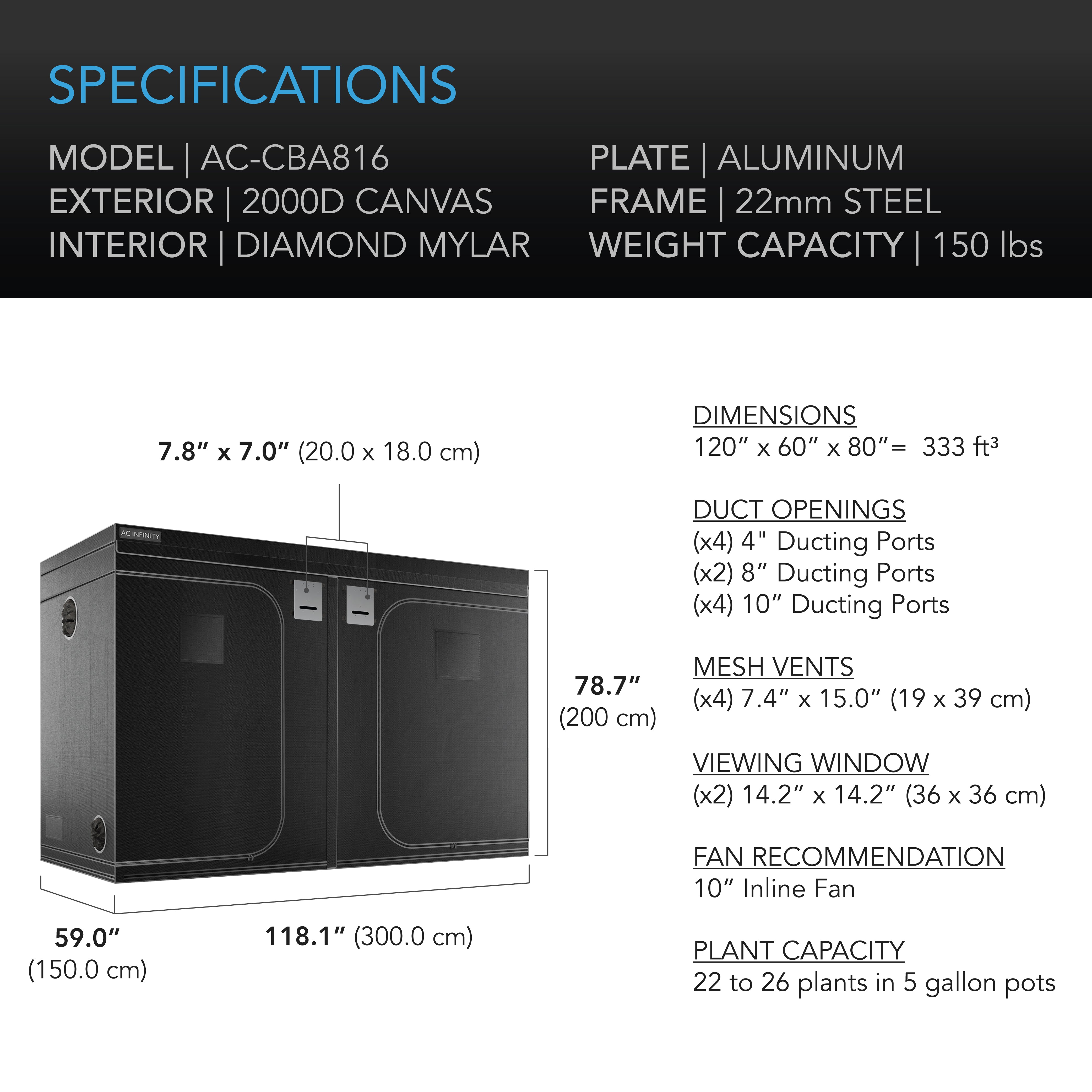 AC Infinity CLOUDLAB 816 Advance Grow Tent， 10x5 with Thicker 1 in. Poles with Higher Density 2000D Diamond Mylar Canvas， Controller Mount for Hydroponics Indoor Growing， 120? x 60? x 80?