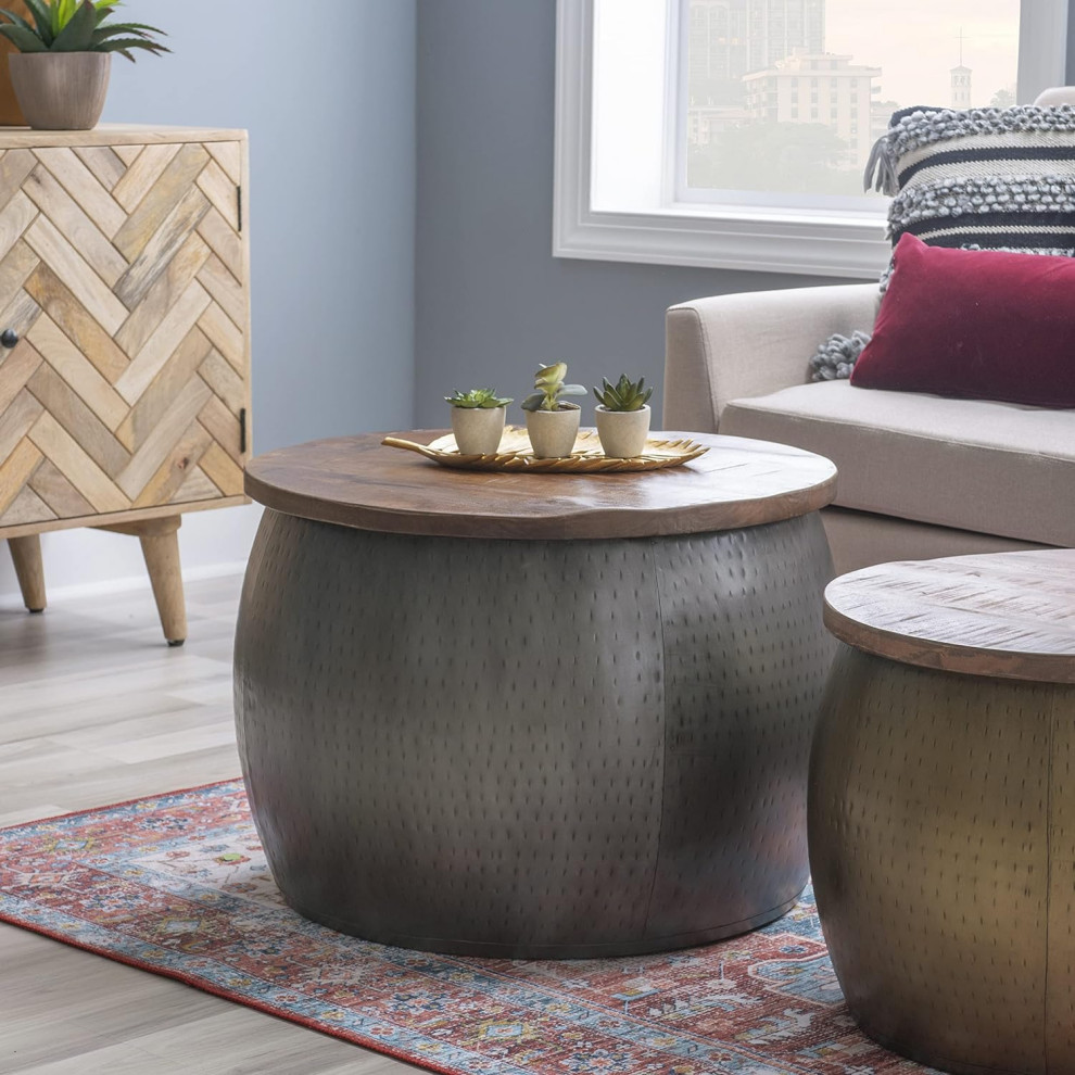 Unique Coffee Table  Hammered Metal Body With Removable Mango Wood Top   Contemporary   Coffee Tables   by Decor Love  Houzz