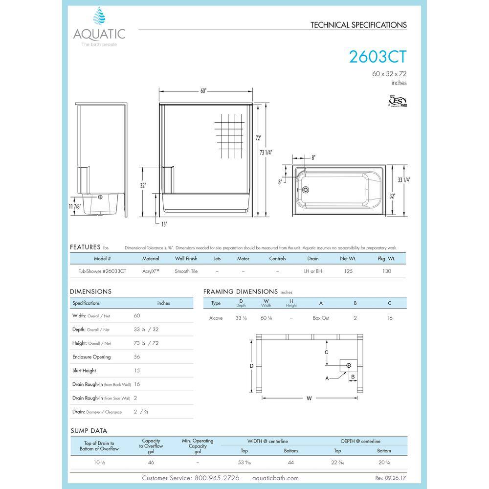 Aquatic Everyday 60 in. x 32 in. x 72 in. 1-Piece Bath and Shower Kit with Right Drain in White 2603CTR-WHHD