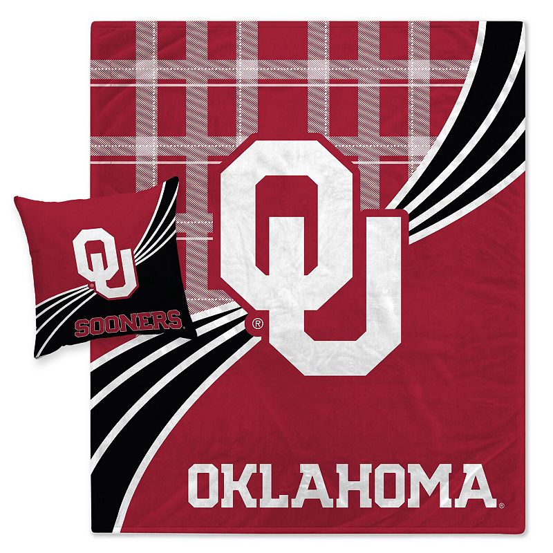 Oklahoma Sooners Plaid Wave Flannel Fleece Blanket and Pillow Combo Set