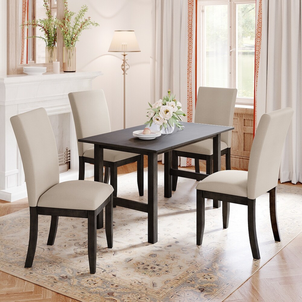 Farmhouse Wood Dining Table Set with 4 Upholstered Dining Chairs