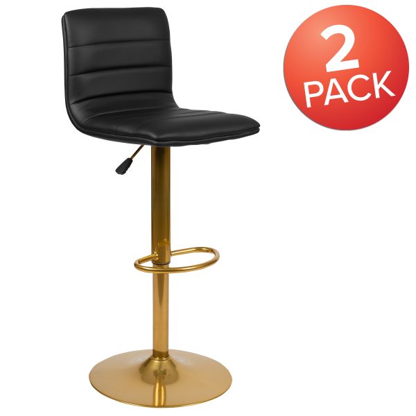 Vincent Modern Black Vinyl Adjustable Bar Stool with Back， Counter Height Swivel Stool with Gold Pedestal Base， Set of 2