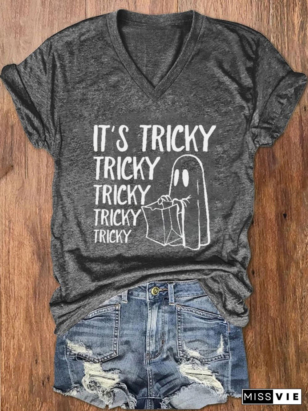 Women's It's Tricky Funny Halloween Print V-Neck T-Shirt