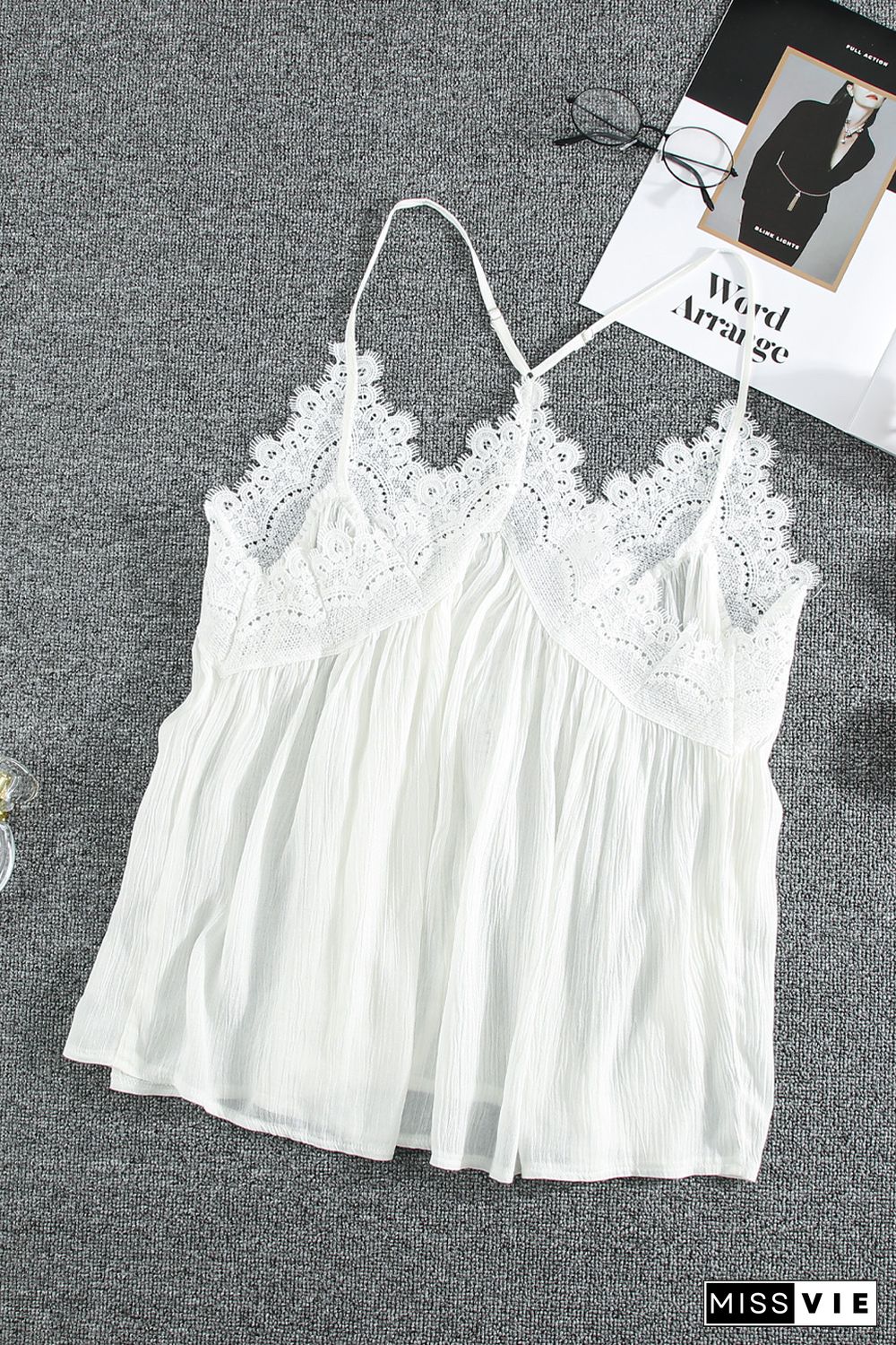 White Lace Splicing Ruffled V Neck Cami Top