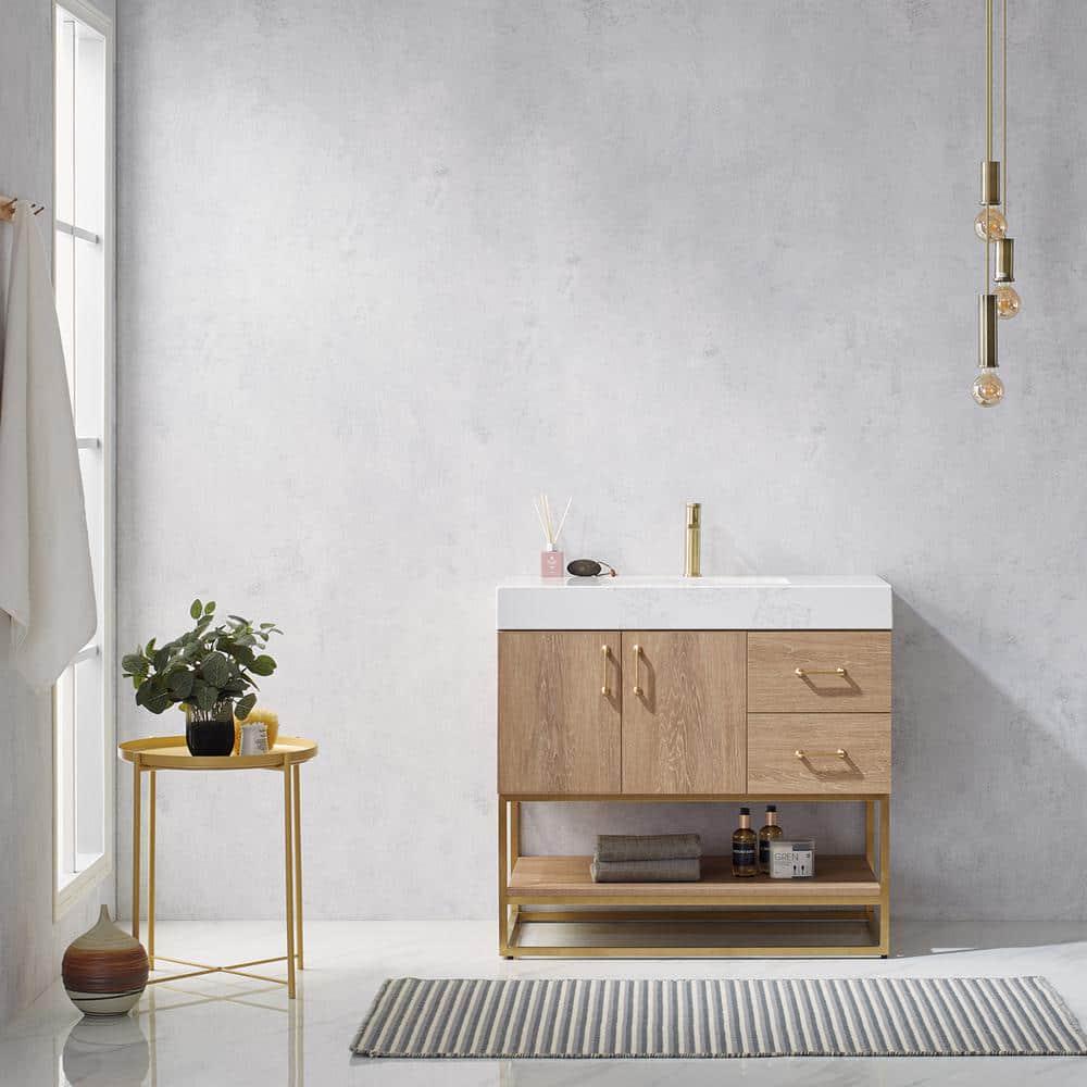 ROSWELL Alistair 36 in Bath Vanity in North American Oak with Grain Stone Top in White with White Basin