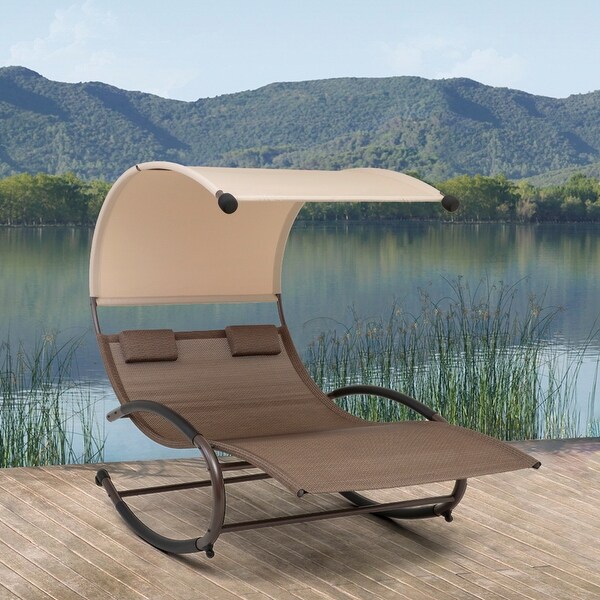 Outdoor Double Chaise Lounge Chair Rocking Lounger with Sunshade Canopy