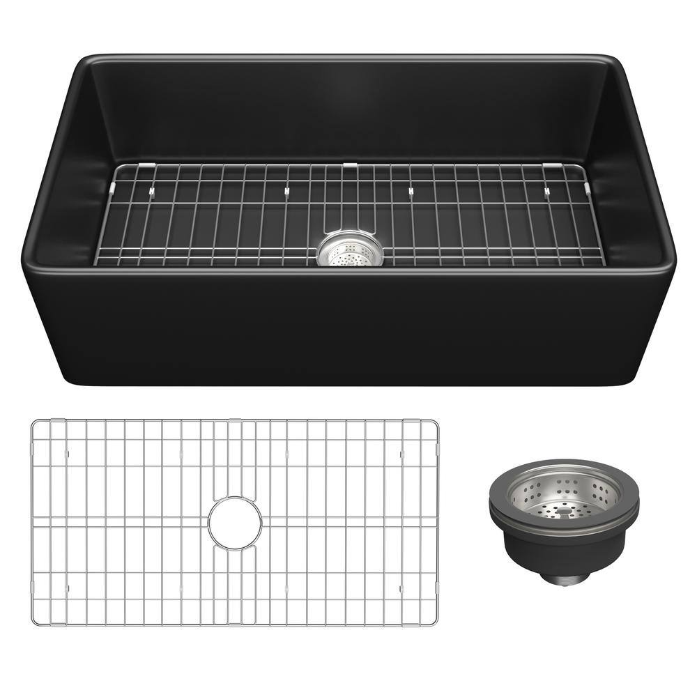 Black Fireclay 33 in. Single Bowl Farmhouse Apron Kitchen Sink with Bottom Grid and Basket Strainer HKD-331810-B