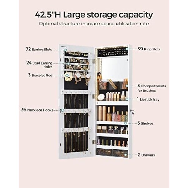 Jewelry Armoire Organizer with LED Lights - White - 14.8