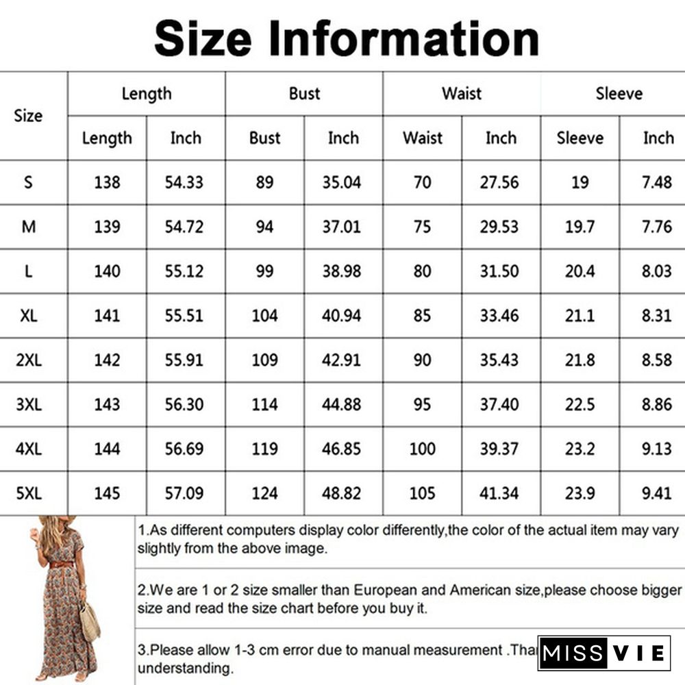 Summer Women's Fashion Retro Floral Elegant Dress Ladies Loose Casual Long Dress One-piece Bohemian Dress with Free Belt