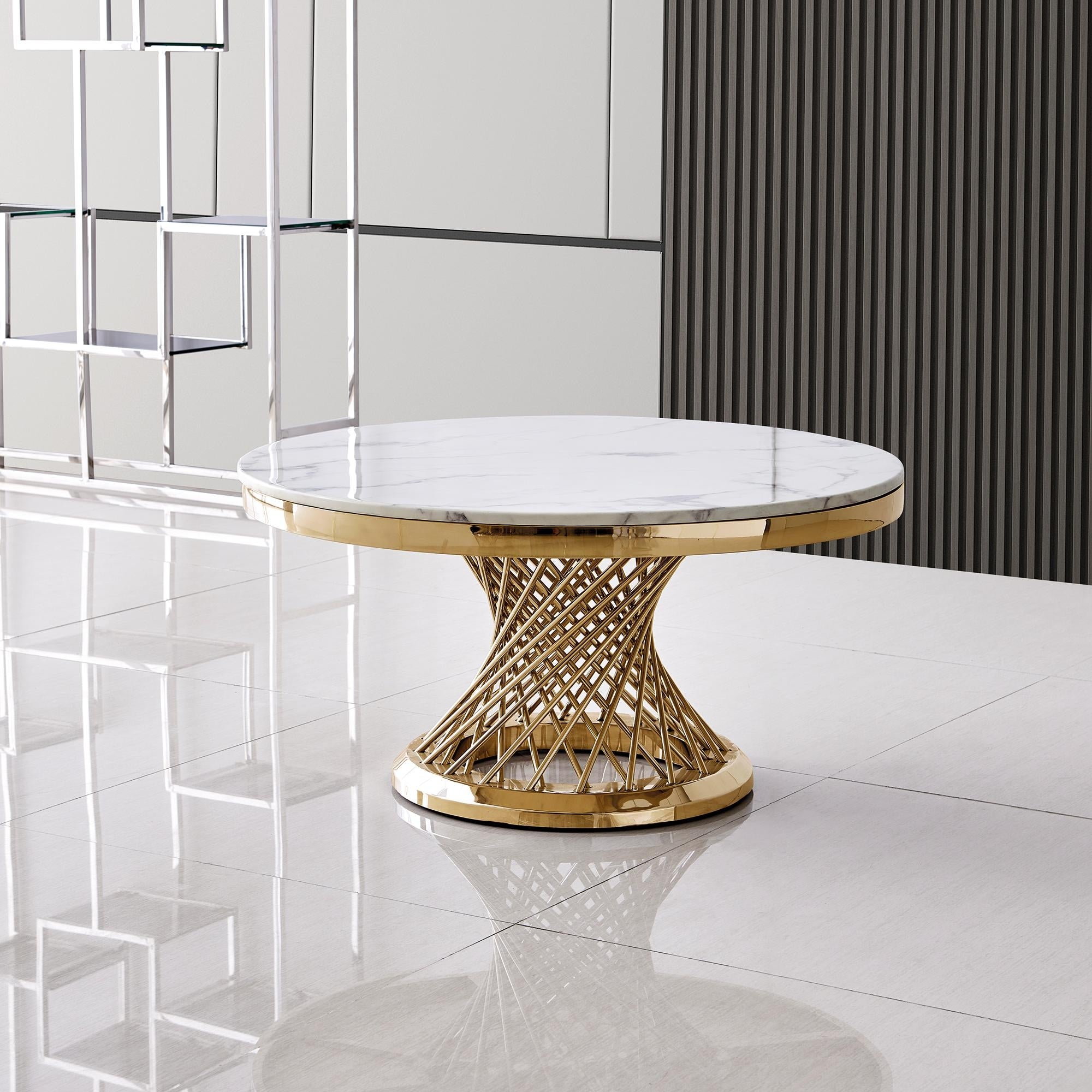 Luxurious Design Marble Round Coffee Table with Gold Mirrored Finish Stainless Steel Base for Living Room