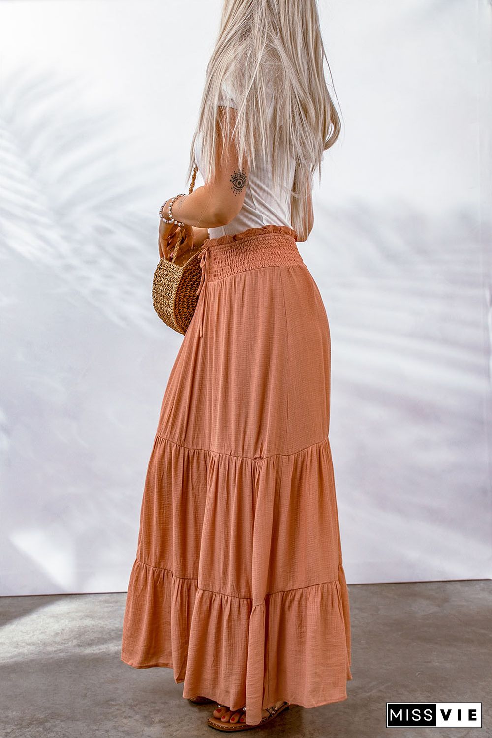 Orange Tie Smocking High Waist Tiered Maxi Skirt