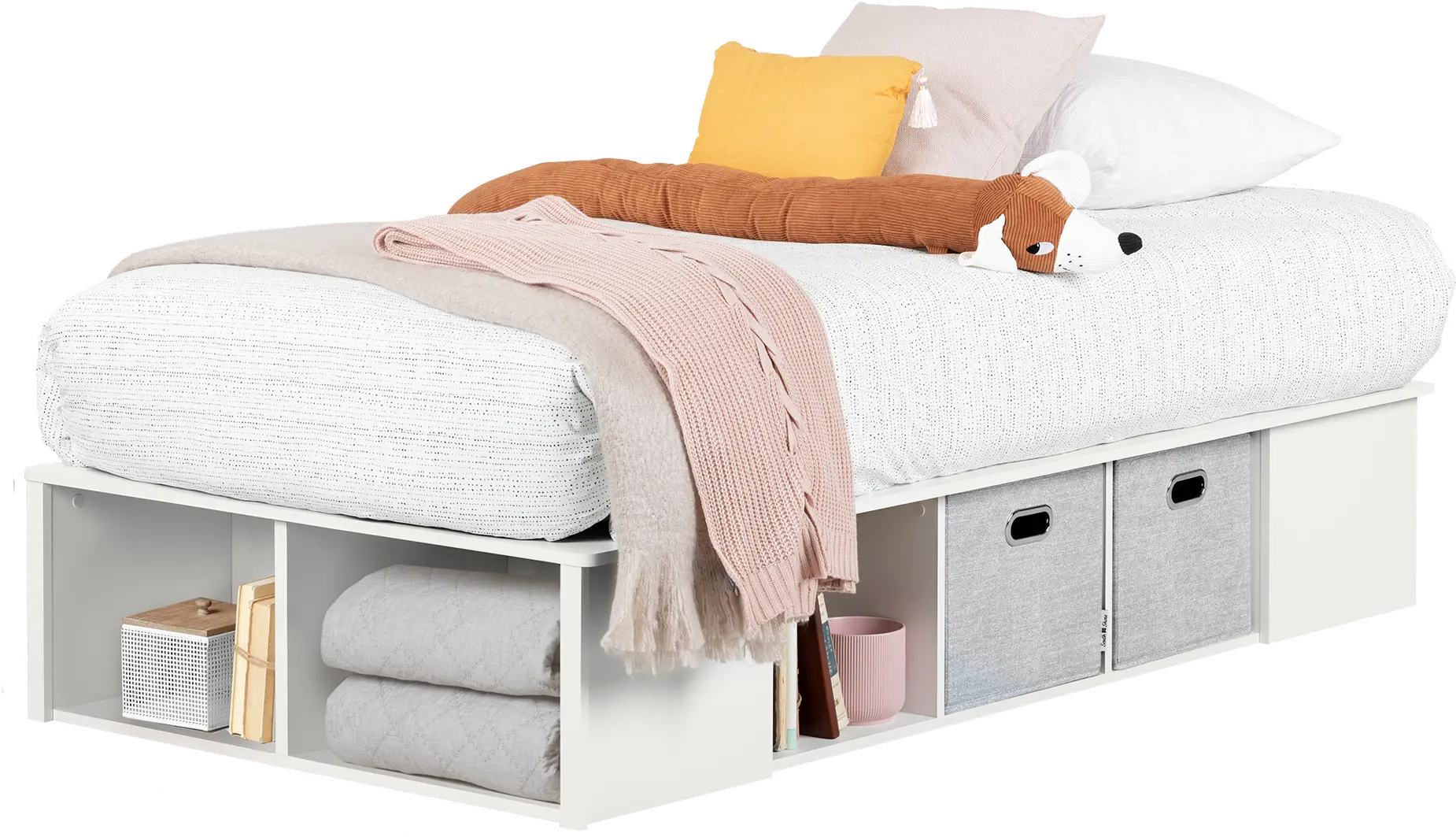 White Twin Platform Bed with Storage Bins - South Shore