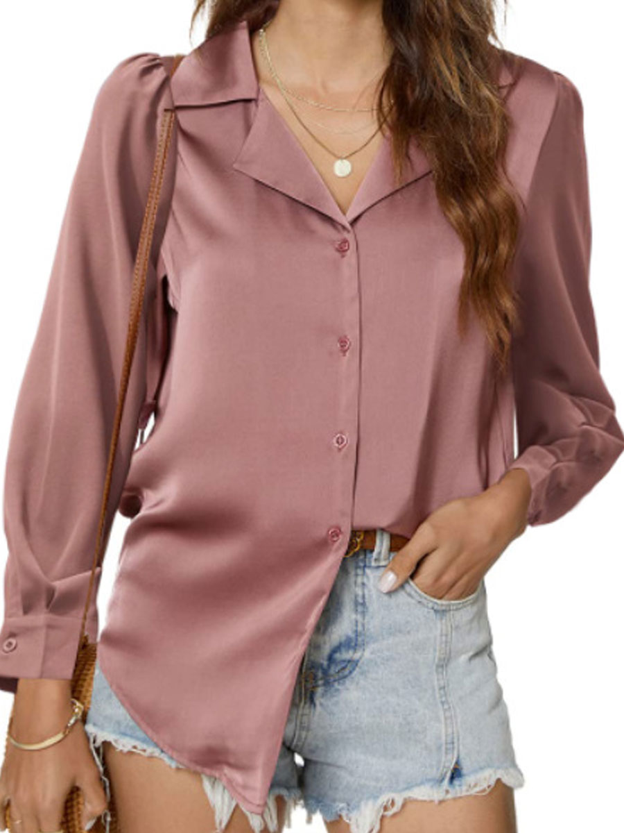 Casual Loose Solid Color Lapel Long Sleeve Blouse