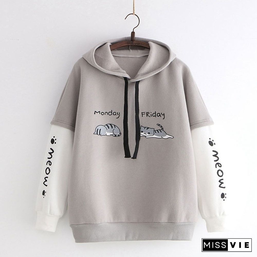 Japanese Style Letter kitty Print Colorblock Sweatshirt