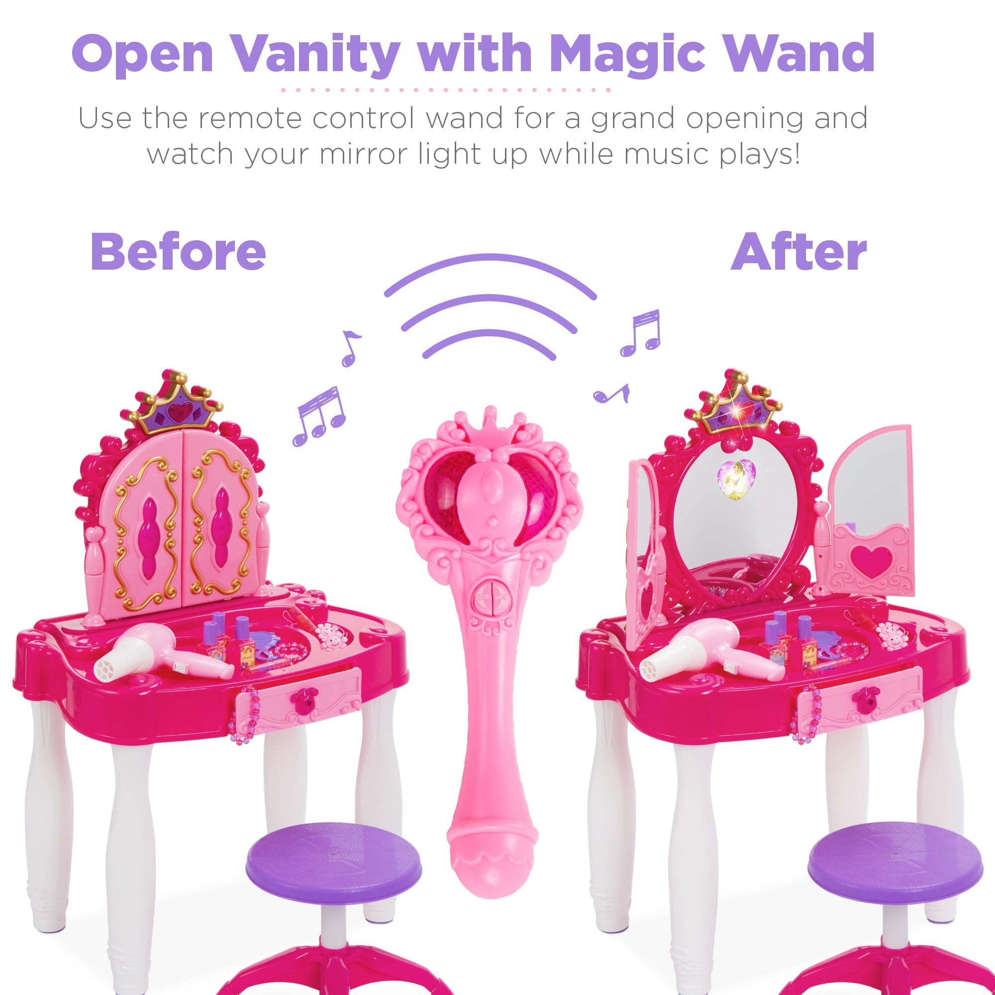 Best Choice Products Kids Vanity Mirror Set Girl Pretend Play Toy w/ Magic Wand Remote， Hairdryer， Stool and Accessories