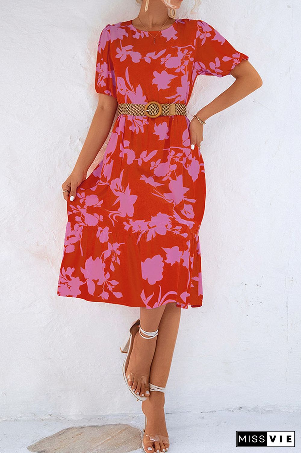 Round Neck Pleated Floral Midi Dress