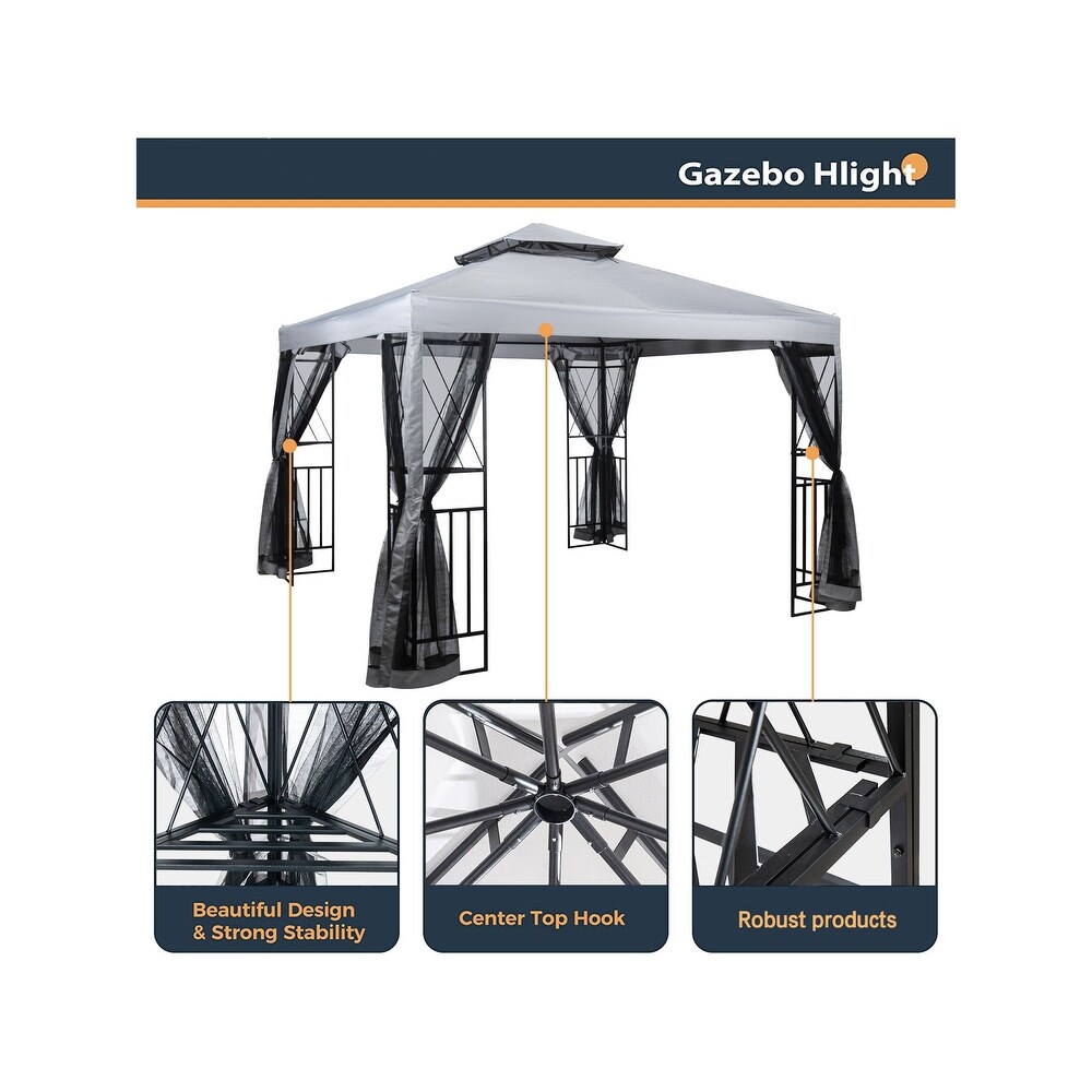 Light Gray 10x10 ft Patio Gazebo with Mosquito Net  Shelves  Ventilated Top