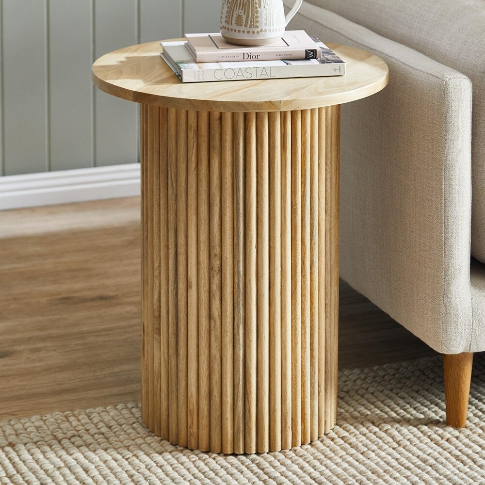 Round Wood End Table line grain Solid Circle Pedestal Side Table