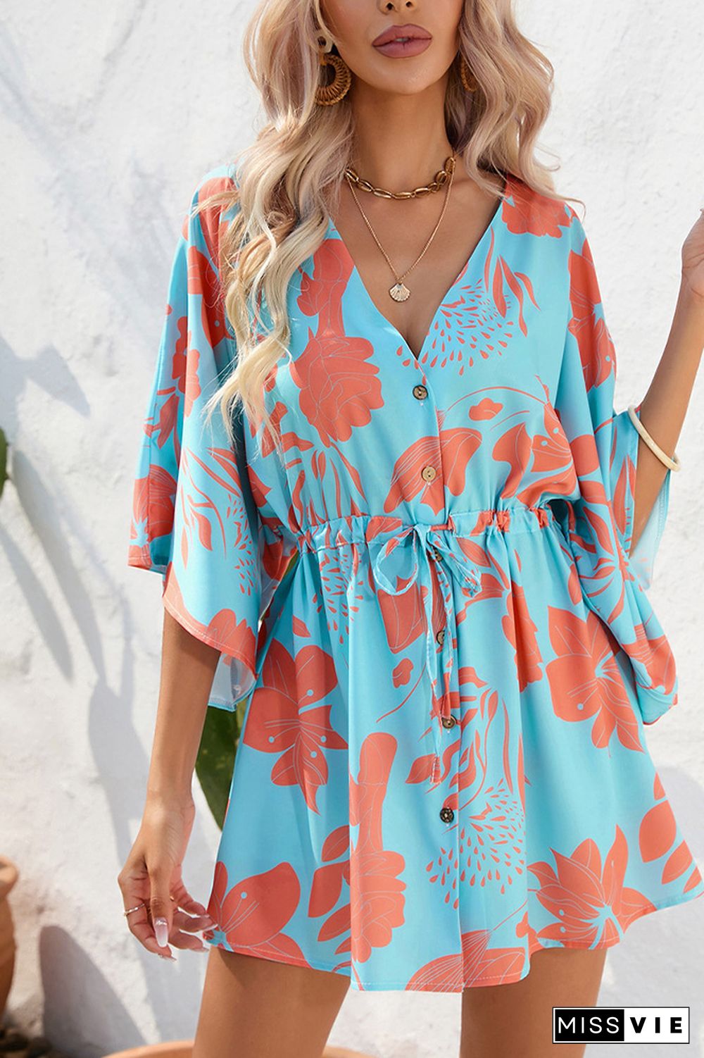 Open Button V Neck Drawstring Flare Sleeves Floral Dress