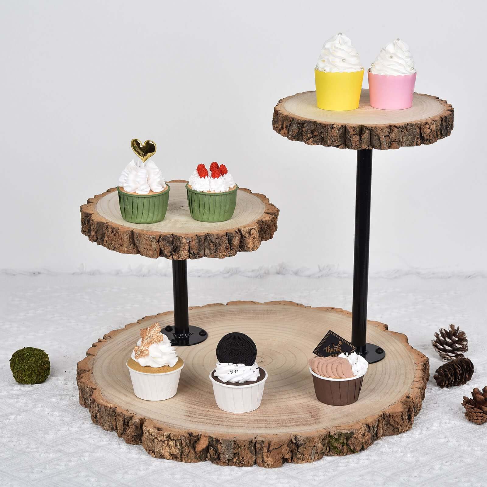 3-Tier Natural Wood Slice Cheese Board Cupcake Stand, Rustic Centerpiece - Assembly Tools Included 14