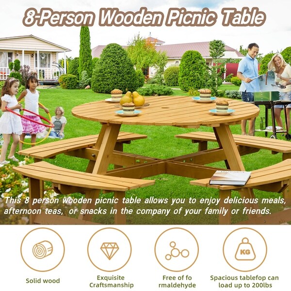 Outdoor 8 Person Picnic Table，8 person Round Picnic Table with 4 Builtin Benches，Umbrella Hole