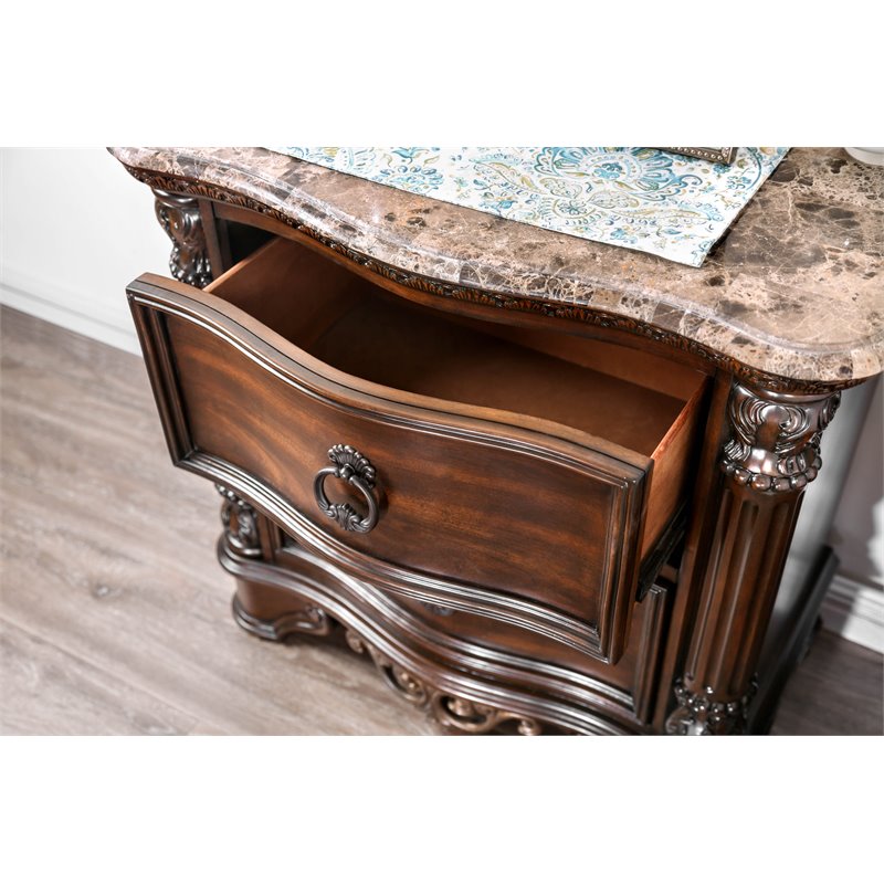 Jordan Transitional Wood and Marble Top Nightstand in Brown Cherry Set of 2