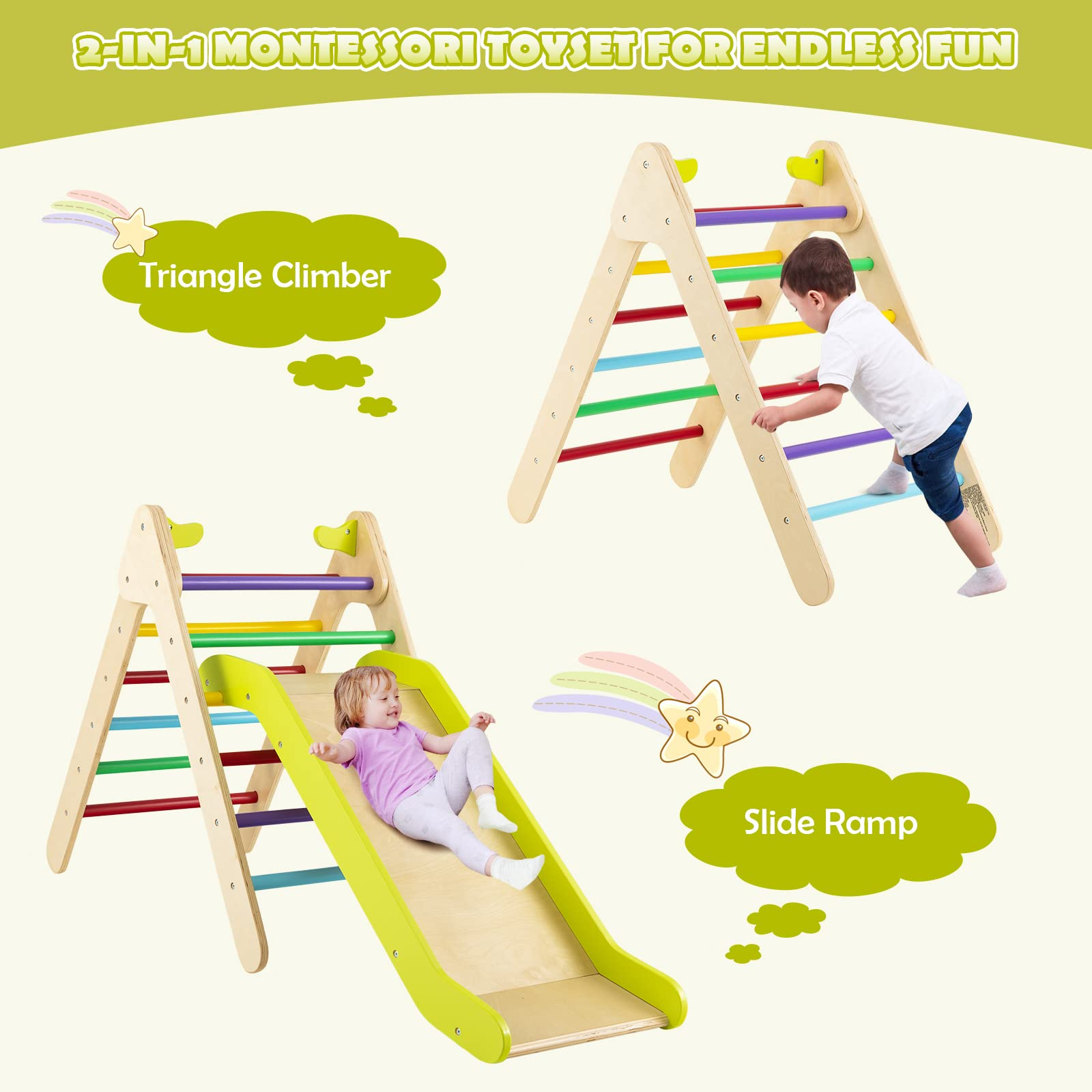 Costzon Wooden Climbing Toys for Toddlers, 2 in 1 Montessori Triangle Climber with Adjustable Angle Ramp for Slide