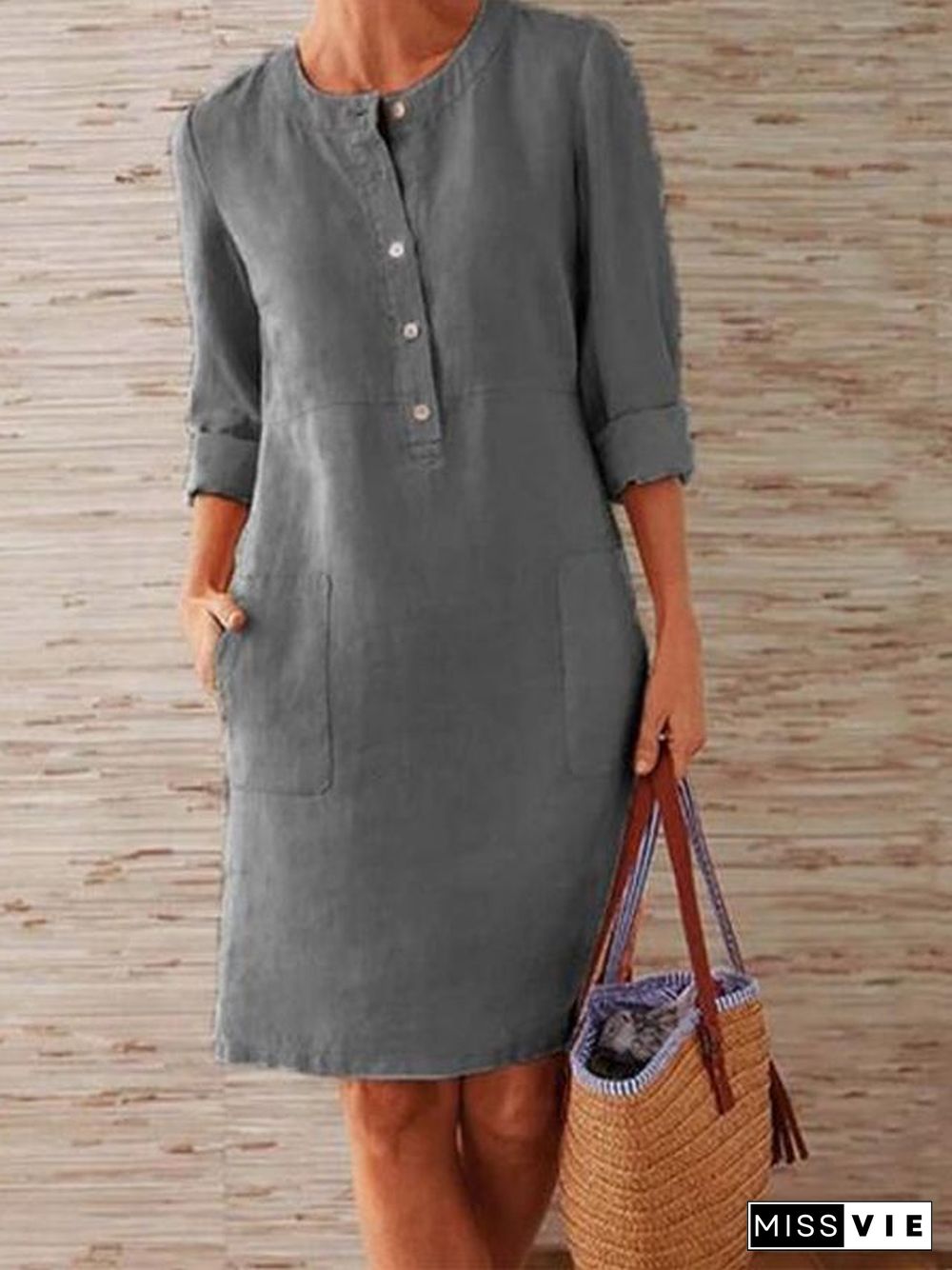 Solid Color Stand Collar Long Sleeve Buttoned Dress