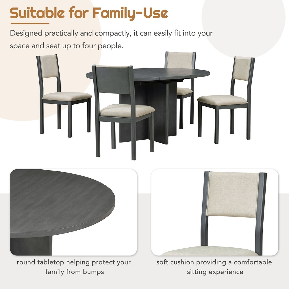 Retro 5 Piece Functional Dining Set with Oval Extendable Dining Table and Upholstered Dining Chairs for Dining Room  Gray