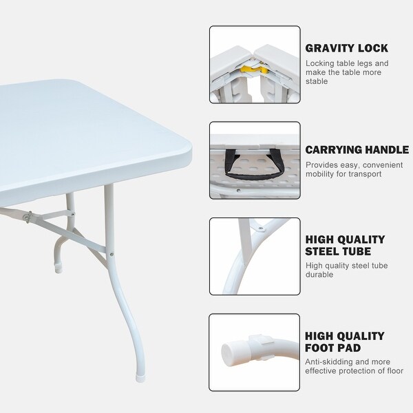 6ft Folding Table， Portable Plastic Table for Camping， Picnics，Foldable Table，White