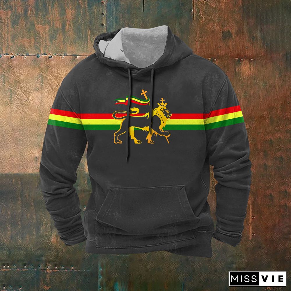 Retro Stripe Reggae Lion Print Graphic Hoodie