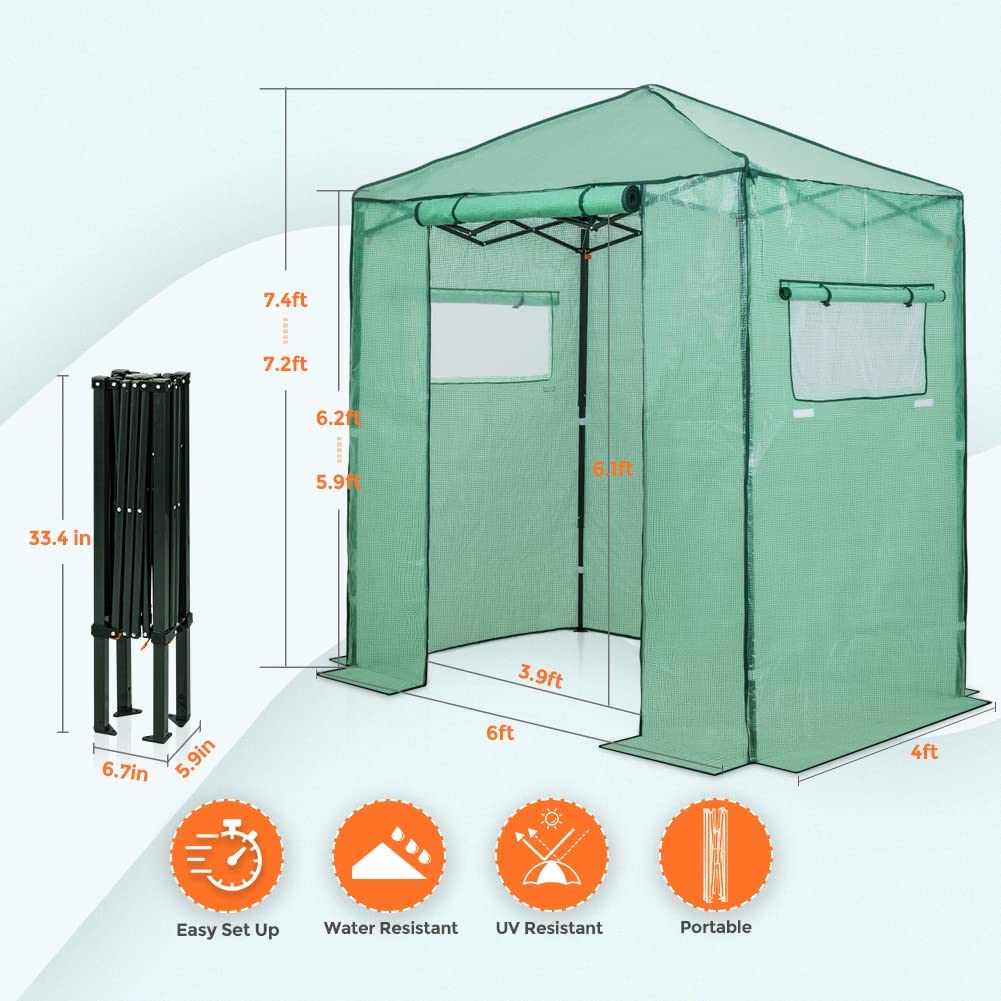 EAGLE PEAK 6'x4' Portable Walk-in Greenhouse Instant Pop-up Indoor Outdoor Plant Gardening Green House Canopy