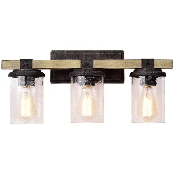 3-light Woodgrain and Black Textured Vanity Light with Clear Seeded Glass - W22