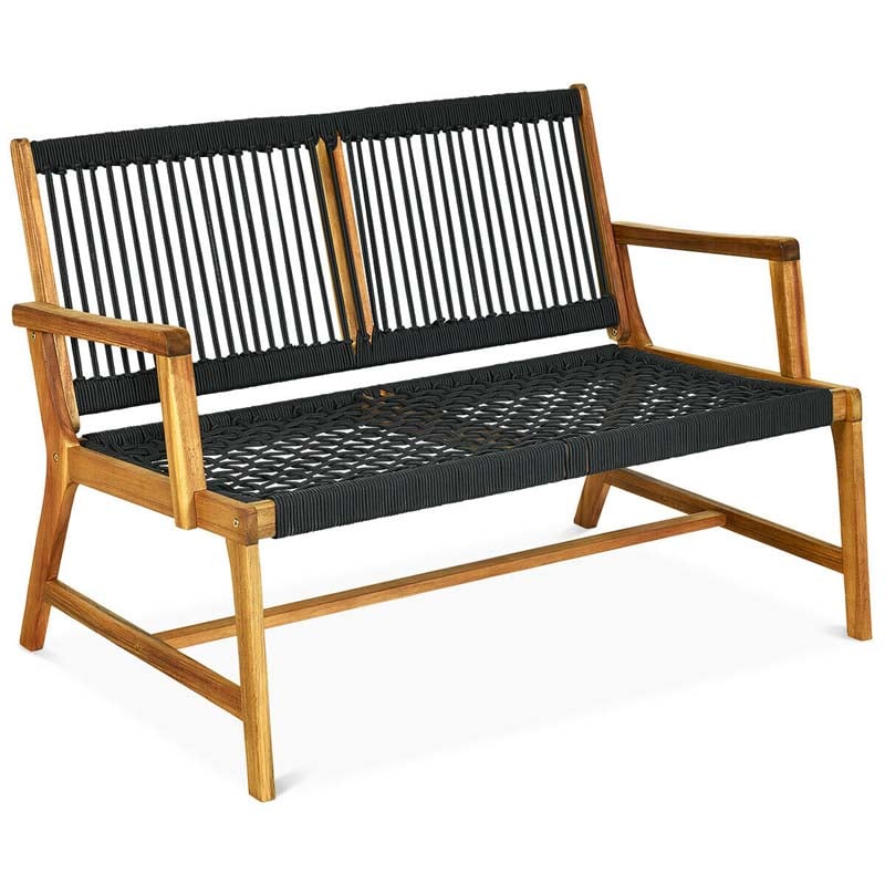 2-Person Acacia Wood Rope Bench Loveseat Chair, Outdoor Patio Garden Park Bench in Teak Oil Finish