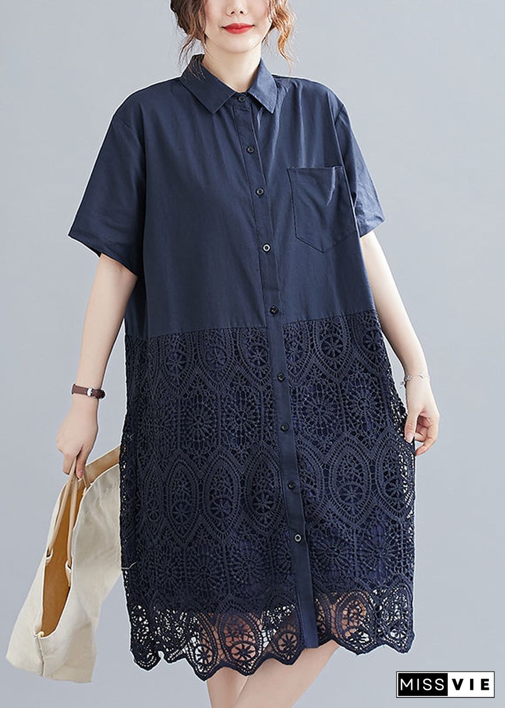 Fashion Navy Peter Pan Collar Button Lace Patchwork Hollow Out Shirt Dress Short Sleeve