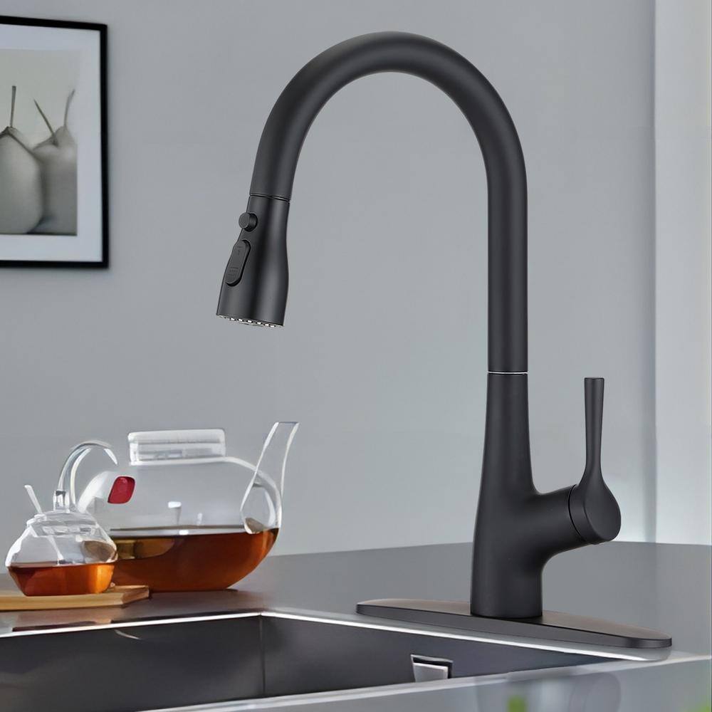 UPIKER Single-Handle Pull Down Sprayer Kitchen Faucet with Deckplate Included and 3 Modes in Matte Black UP2304KFMB0008