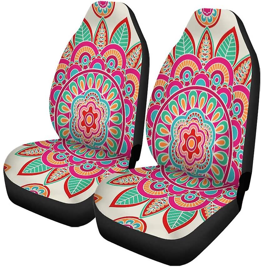 Set Of 2 Car Seat Covers Pattern Boho Hippie Medallion Flower Mandala Bohemian 70s Universal Auto Front Seats Protector Fits